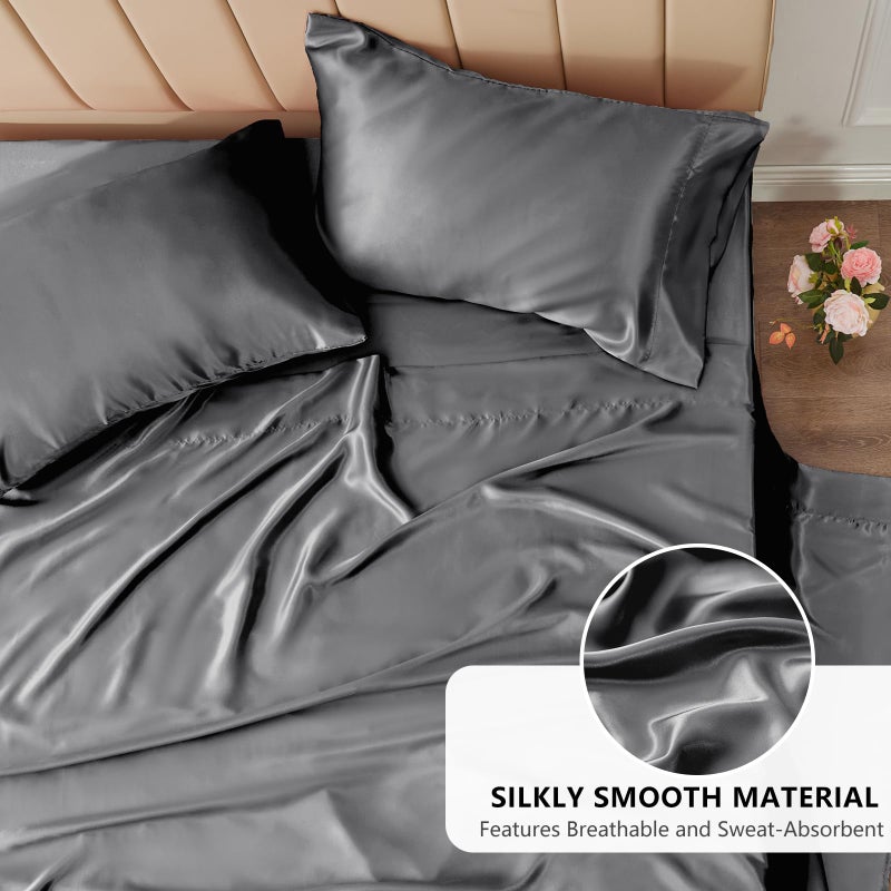 CozyLux Satin Sheets Queen Size Bed Set - 4 Piece Silky Queen Sheet Set, Luxury Dark Grey Queen Sheets with Smooth and Soft Microfiber, Includes 1 Fitted Sheet, 1 Flat Sheet and 2 Pillowcases - Image 3